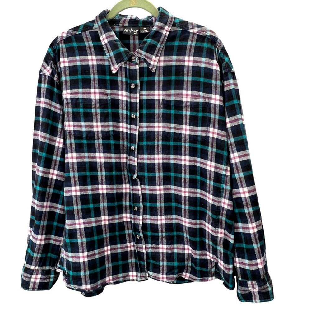 CG CG Flannel Shirt Plus 3X Black Purple Teal Long Sleeve Button Up Cotton